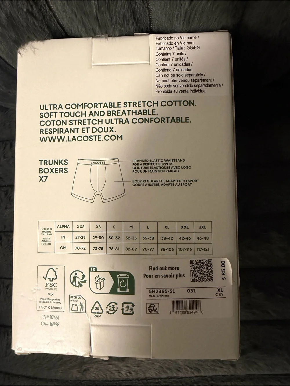 Lacoste Men's Cotton Stretch Trunks Boxer Briefs 7-Pack Size XL 5H2385-5 NWT